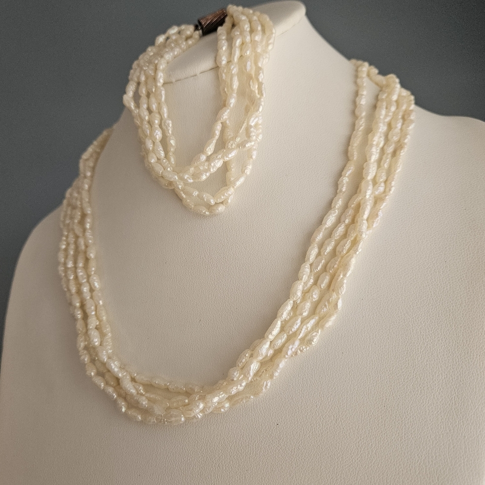 Vintage Pearl Necklace & Bracelet Set Multistrand Genuine Freshwater Rice Pearl - Picture 3 of 12